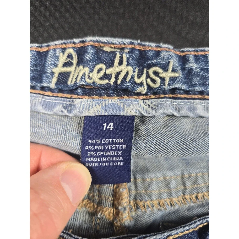 Amethyst Jeans Womens 14 Blue Bootcut Medium Wash Whiskered Embroidered Stretch